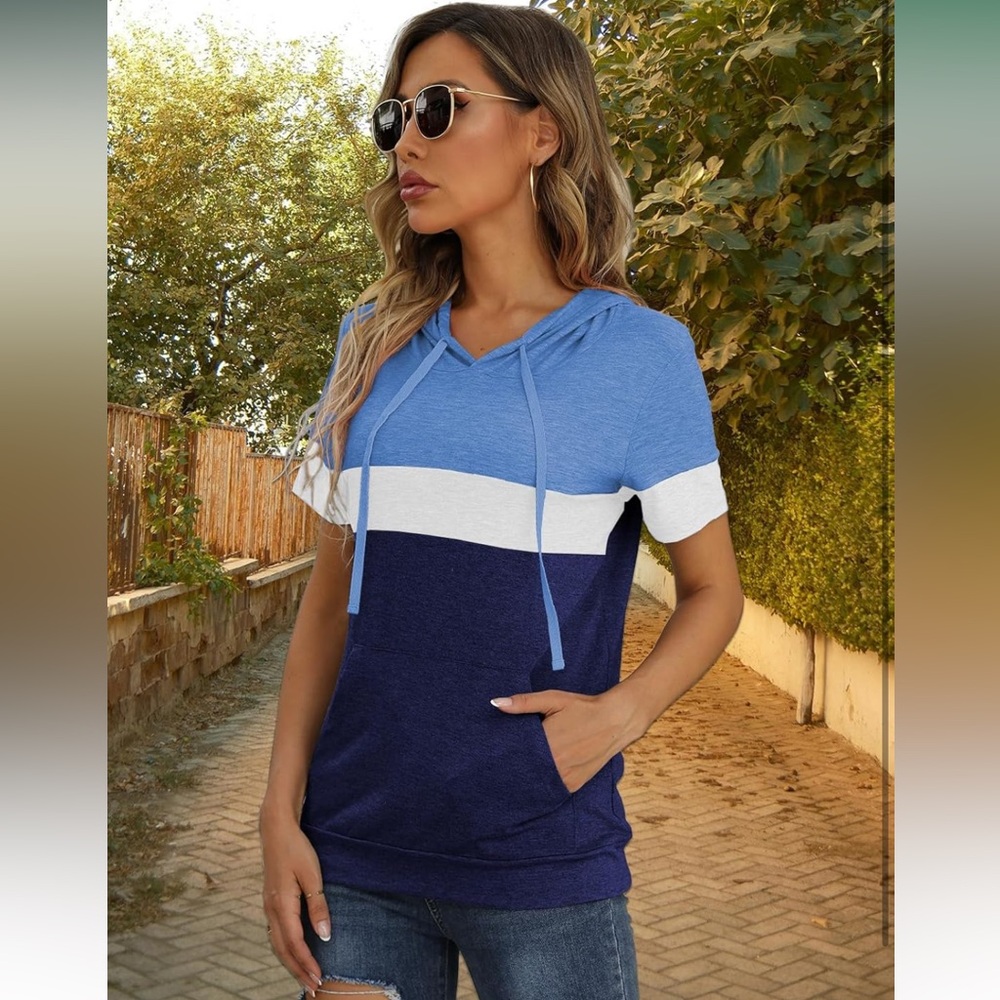Blue and White Women's Hoodie Top